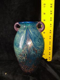 Studio Art Glass Double Handled Vase Accented with Gold Specks