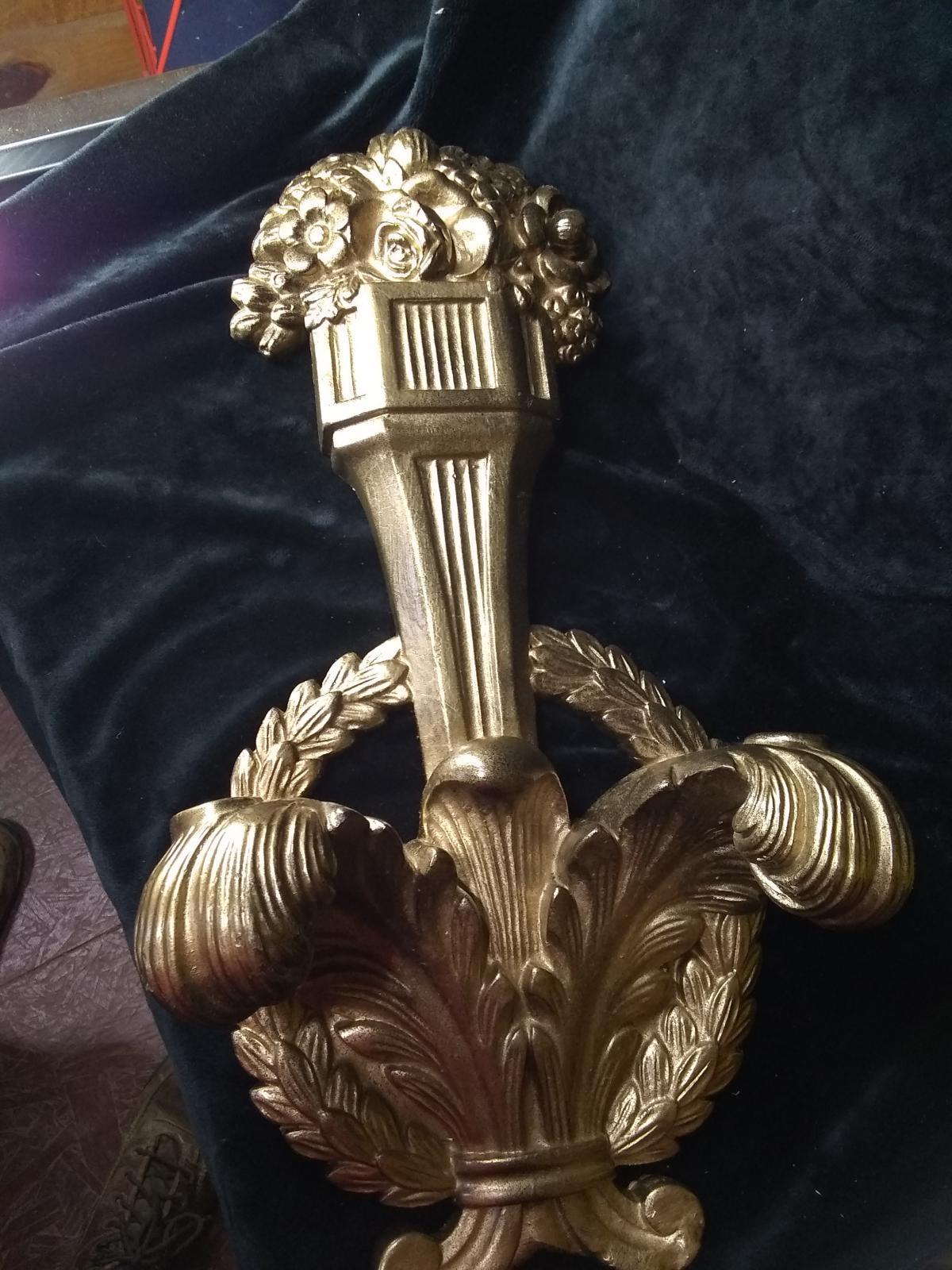 Vintage Chalkware Acanthus Leaf Wall Mounted Double Candlestick with faux Gold Overlay