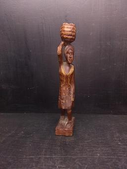 Hand Carved Wooden Figure-Lady Carrying Basket