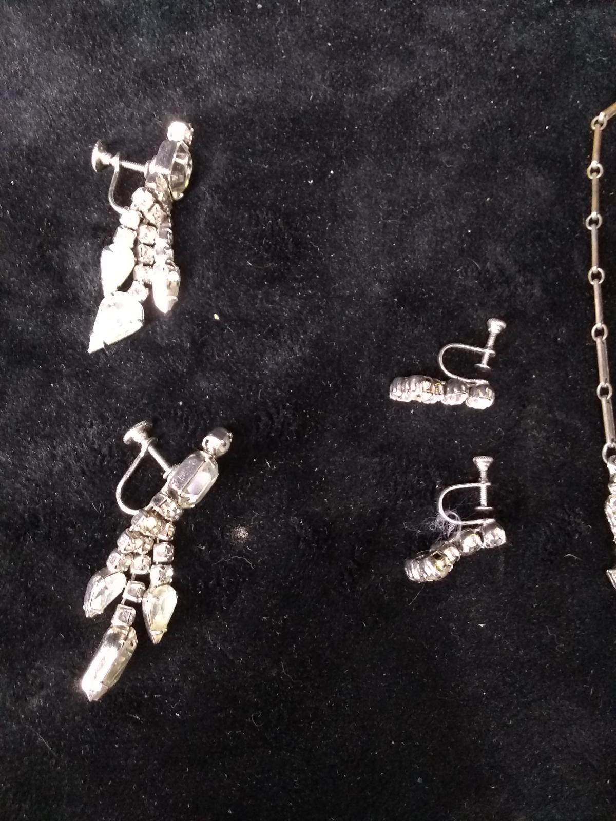 Faux Costume Rhinestone Necklace, Bracelets, Clip Earrings