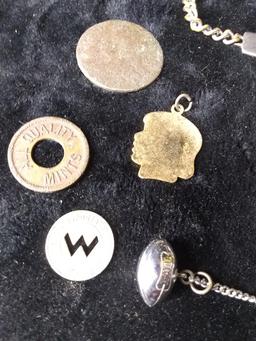 Assorted Vintage Pendants, Bracelet, Tokens