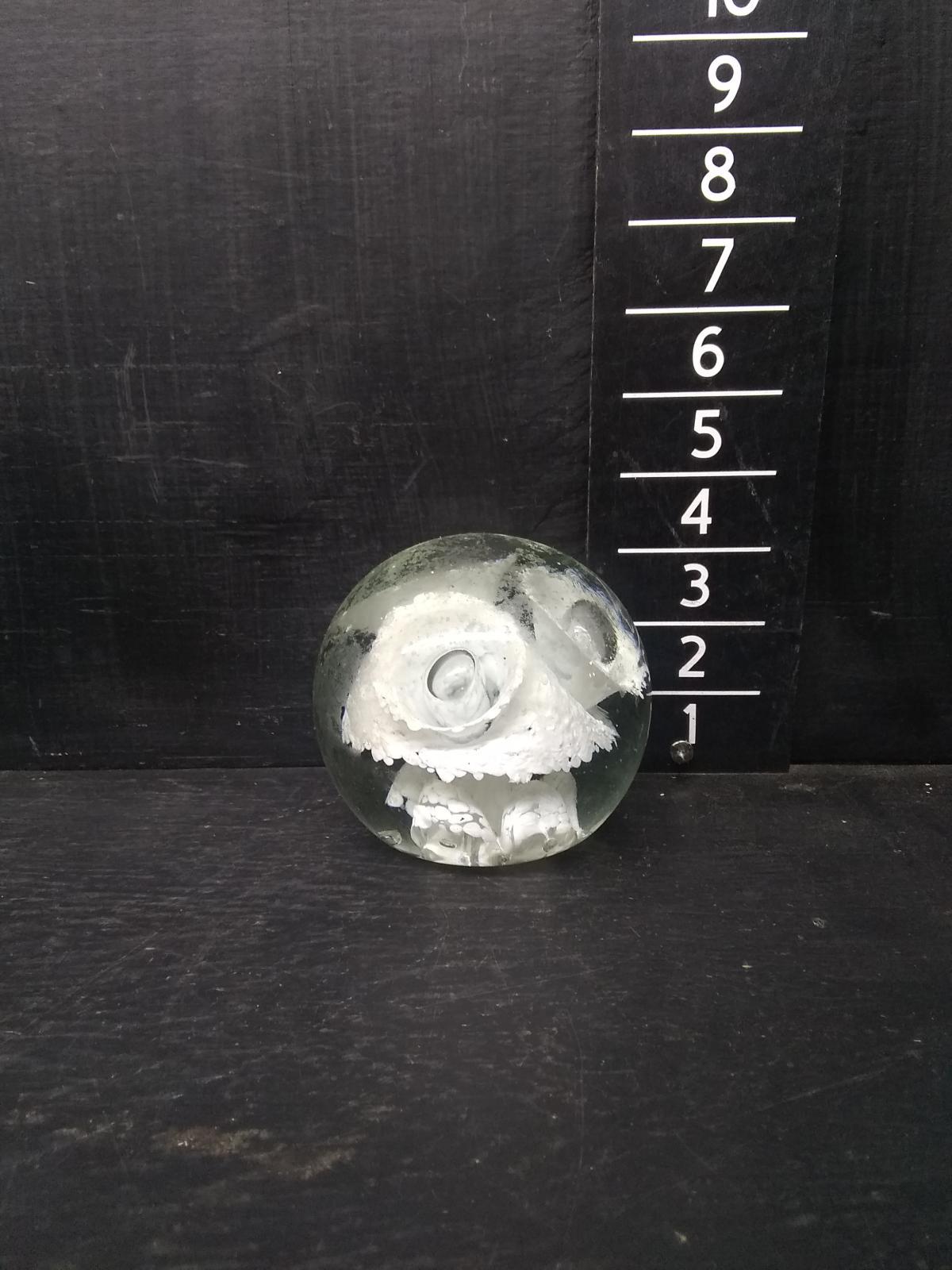 Studio Art Glass Paperweight with White Flower