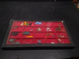 Glass Top Collectors Box-Miniature Plastic Toys, Dogs, Sports Charms