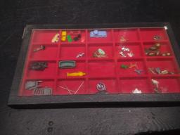 Glass Top Collectors Box-Miniature Plastic Toys, Dogs, Sports Charms