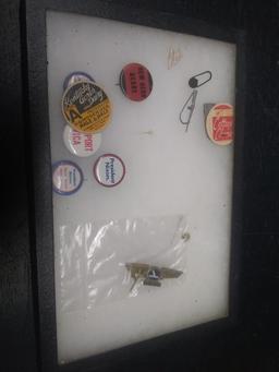 Glass Top Collectors Box-Political Pins, Airplane Wings, Novelties