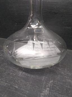 Glass Decanter with Etched Ship Motif