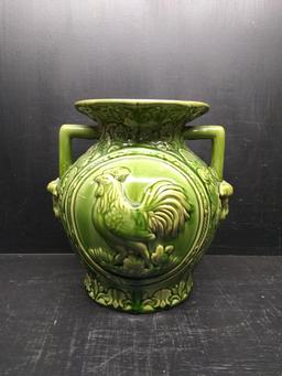Majolica Style Double Handle Vase with Rooster Motif