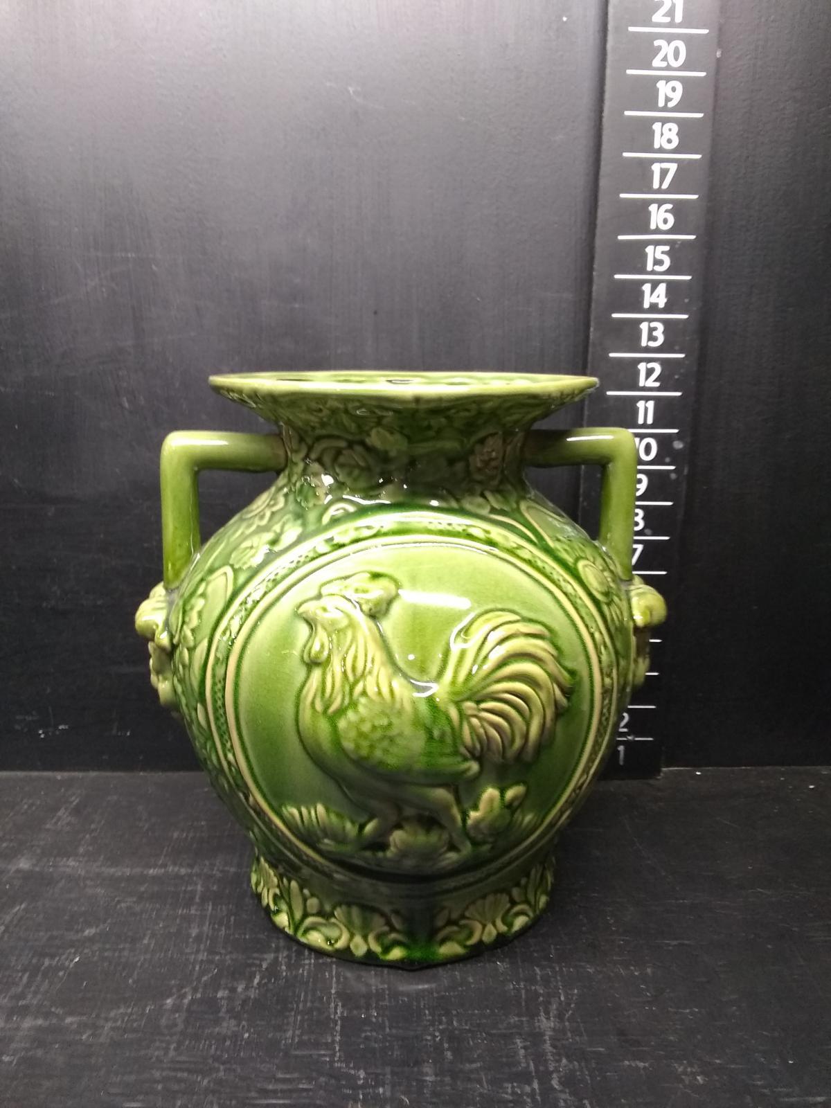 Majolica Style Double Handle Vase with Rooster Motif