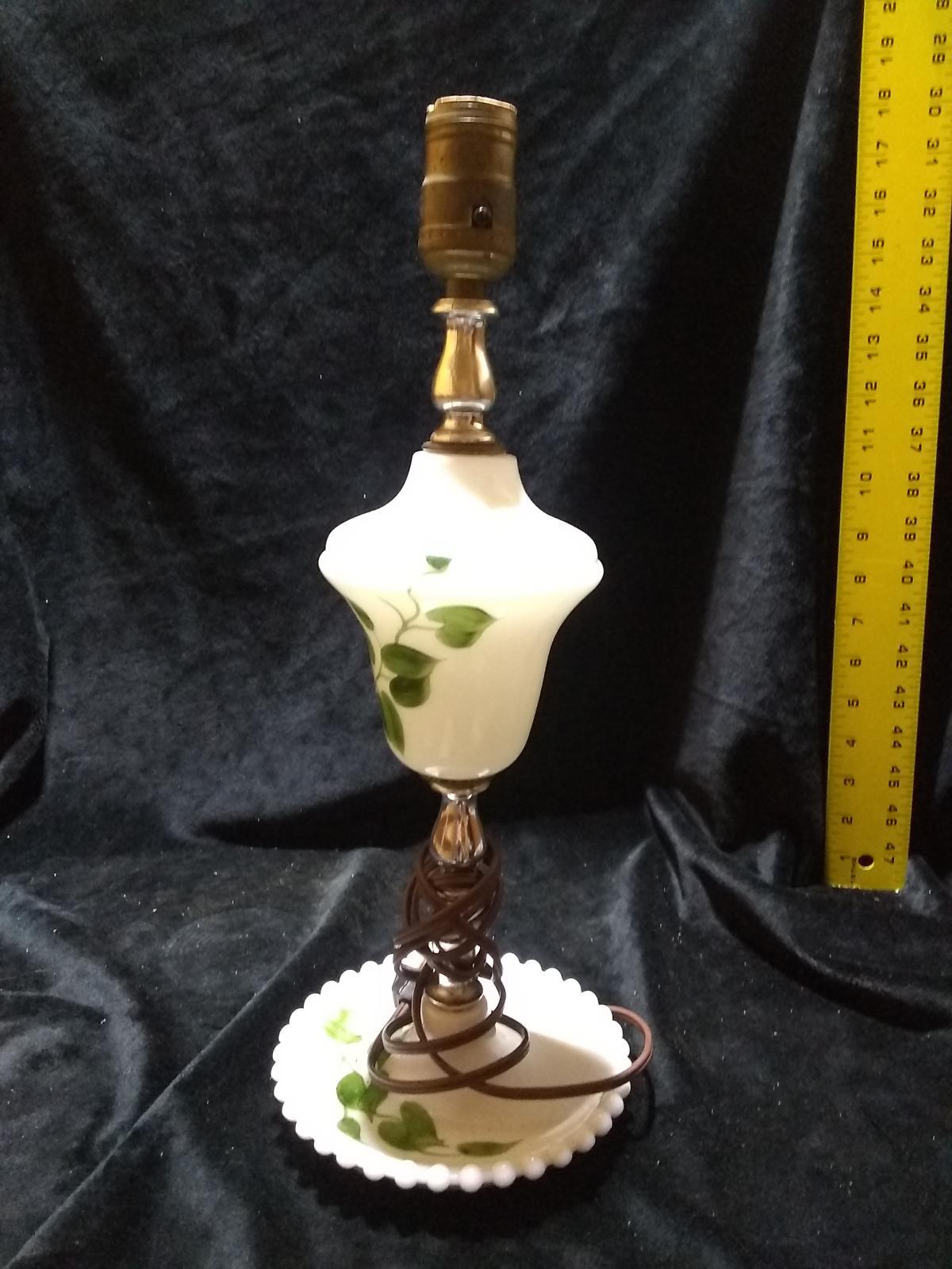 Hand painted Milk Glass Table Lamp with Ivy Motif