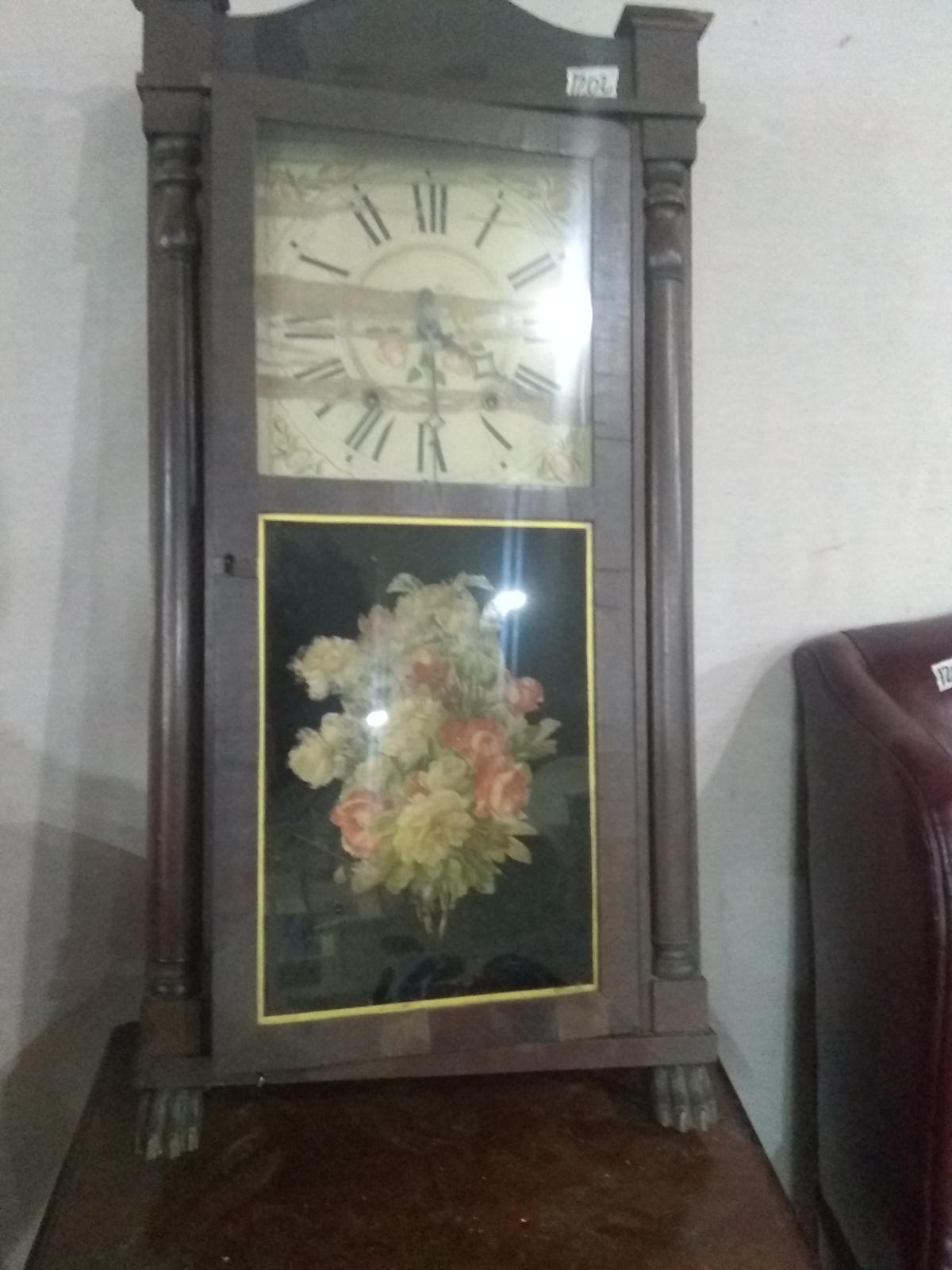 Antique Mahogany Clock w/ Hand Painted Glass Door & Claw Feet