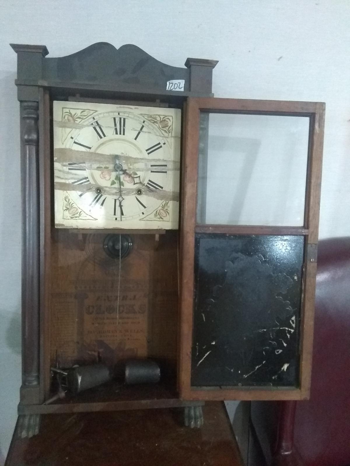 Antique Mahogany Clock w/ Hand Painted Glass Door & Claw Feet