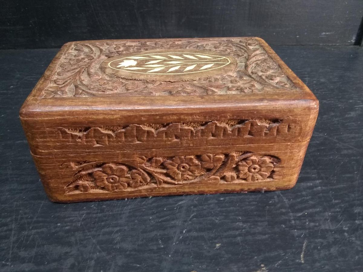 Hand Carved Wooden and Inlaid Jewelry Box