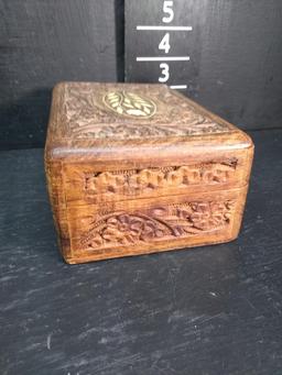 Hand Carved Wooden and Inlaid Jewelry Box