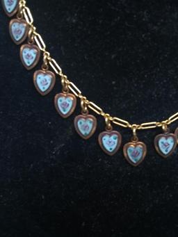 Jewelry-Gold Tone Enameled Hanging Hearts Necklace marked Kingston, NY