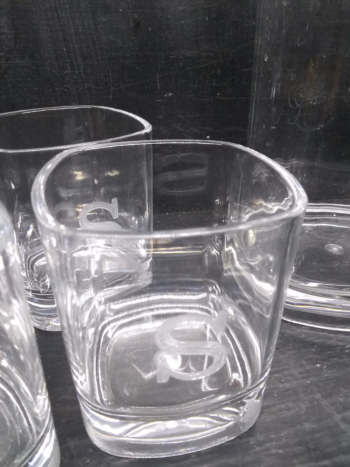 Lucite Pitcher with 4 Glasses Etched "S"