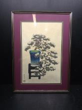 Framed and Double Matted Woodblock Print-Potted Chrysanthemum