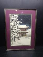 Framed and Double Matted Woodblock Print-Pagoda of Ninnaji Temple in Snow