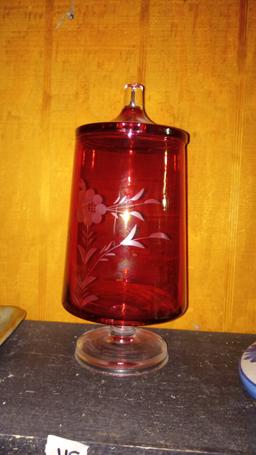 Etched Ruby Red Candy Dish