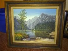 Framed Oil on Canvas-Mountain River signed Joan Nelson