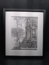 Framed and Matted Ink on Paper-Brownstone Doorway