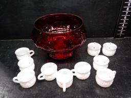 Ruby Red Punch Bowl with Milk Glass Cups