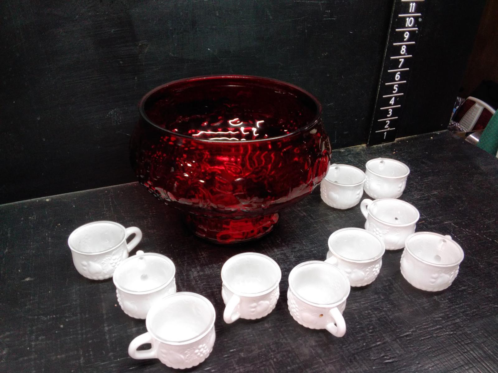 Ruby Red Punch Bowl with Milk Glass Cups