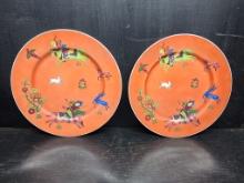 Pair Orange Glaze Oriental Warrior Plates
