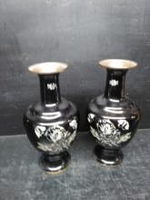 (2) Vintage Asian Metal Vase with Mother of Pearl Inlay Cloisonne Style (x2)