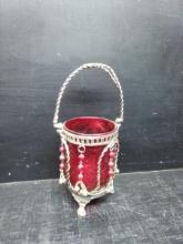 Vintage Ruby Red and Silver Plated Beaded Glass Basket