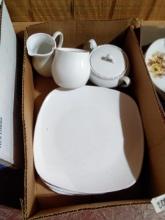 BL-White Plates, Sugar and Creamer