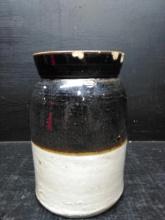 Brown and White Glazed Miniature Storage Crock