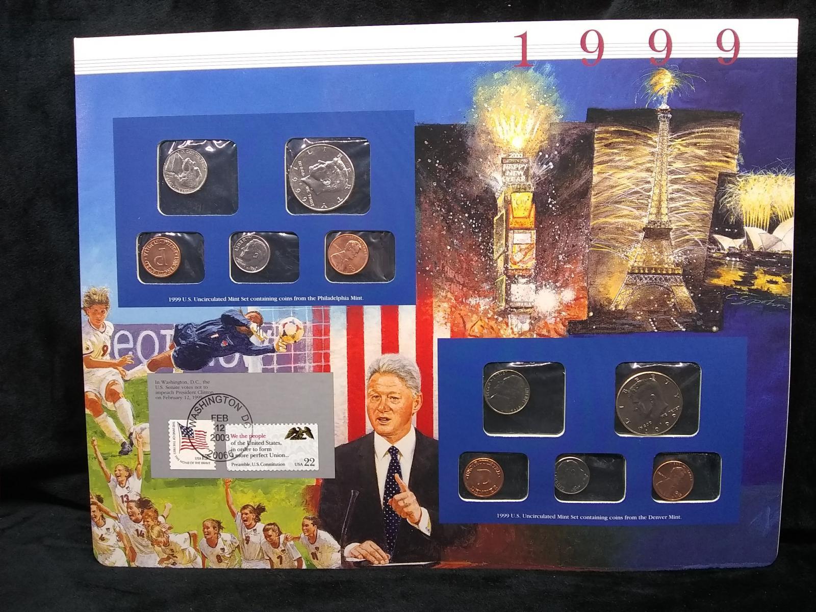 Uncirculated US Mint Set with Historical Info Coin & Stamp Sheet-1999