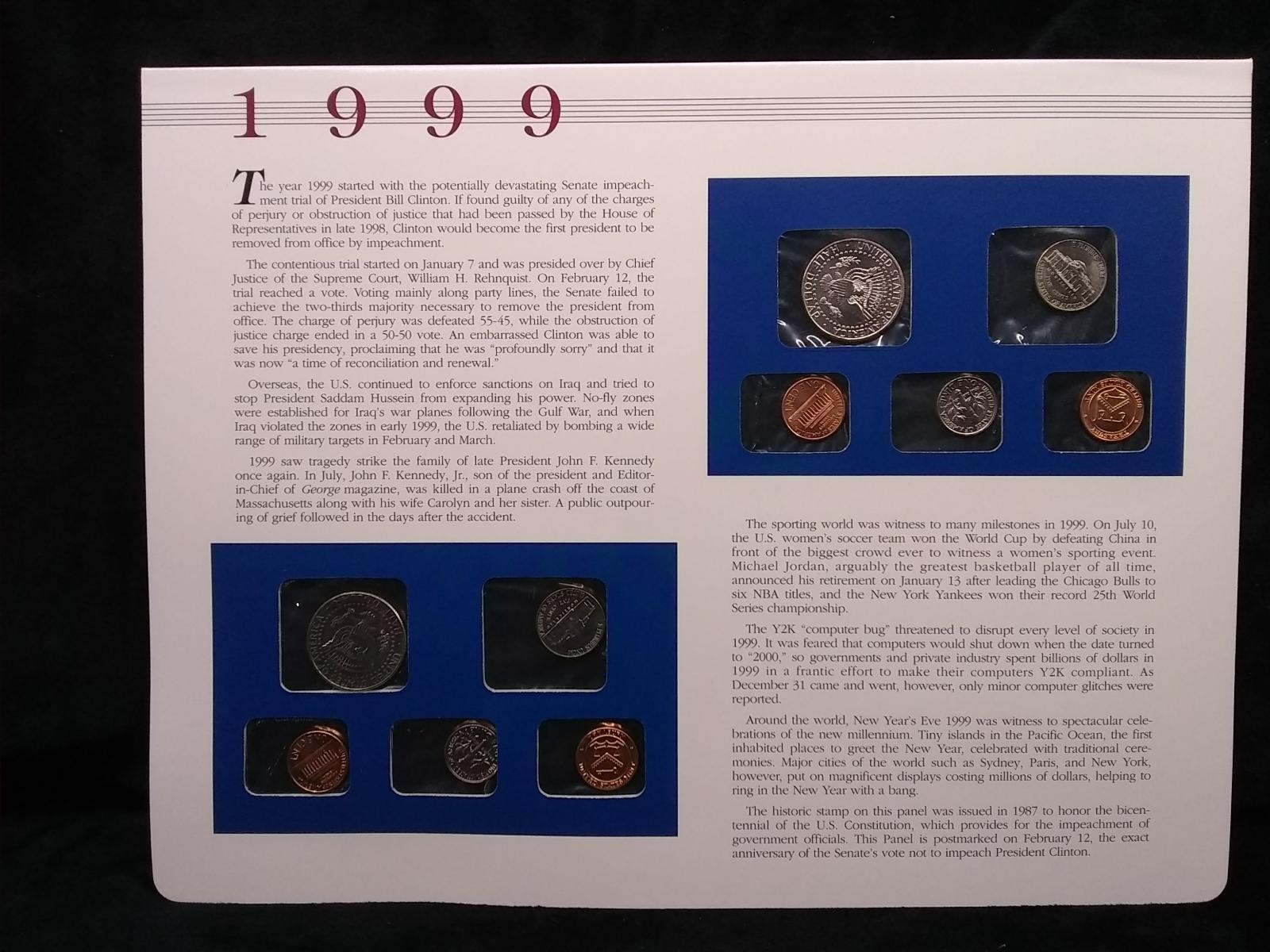 Uncirculated US Mint Set with Historical Info Coin & Stamp Sheet-1999