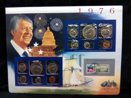 Uncirculated US Mint Set with Historical Info Coin & Stamp Sheet-1976