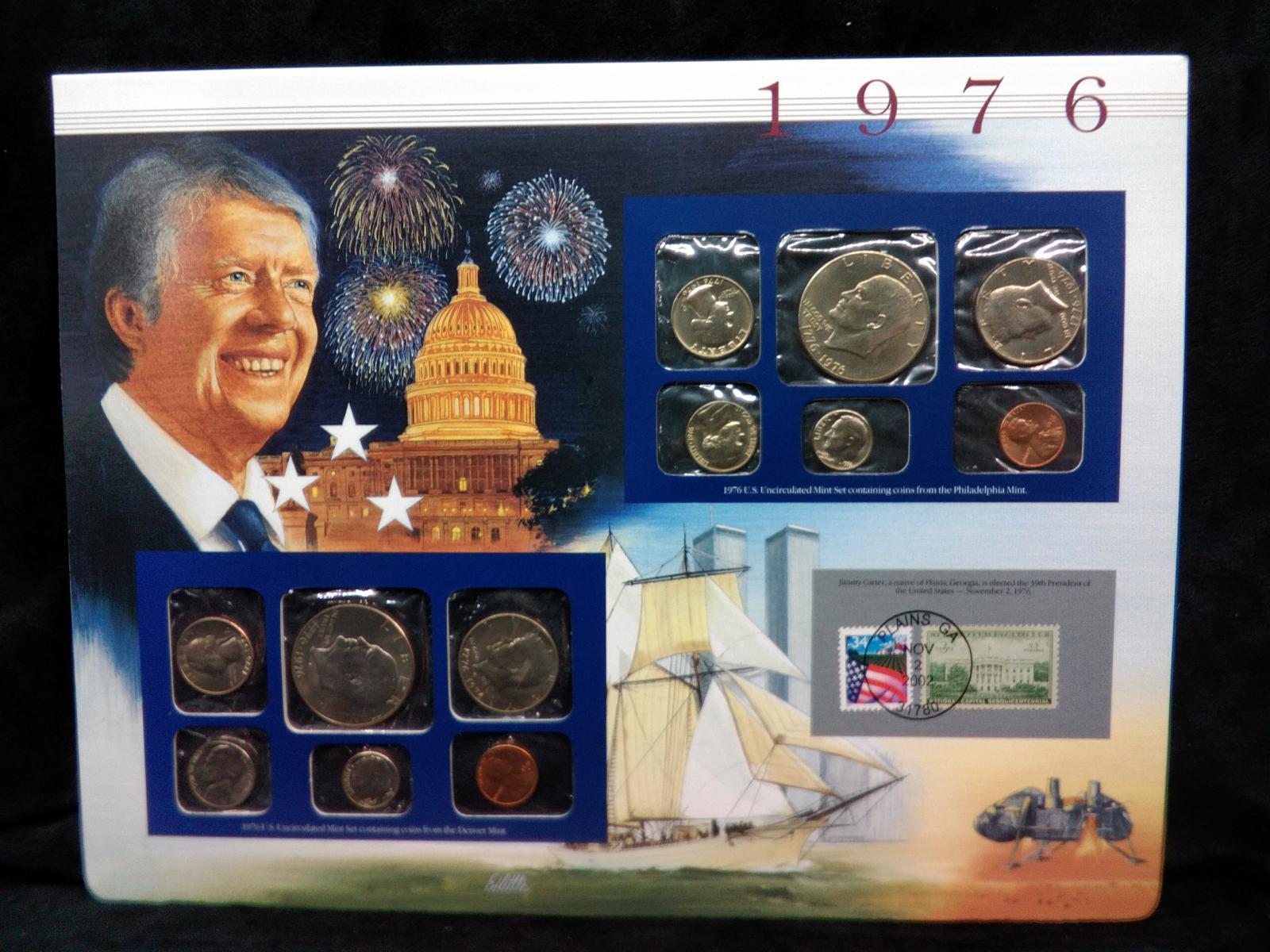 Uncirculated US Mint Set with Historical Info Coin & Stamp Sheet-1976