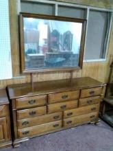Vintage Hard Rock Maple Double Dresser with Mirror by Pleasant Galleries