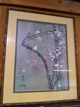 Framed and Matted Print-Birds on a Limb -signed Chiu Wng '78