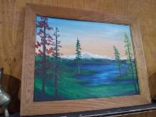 Framed Oil on Board-Lake with A Mountain View signed JDW '63