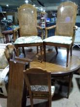 Warehouse-Vintage MCM Pecan Dining Table with 4 Cane Back Chairs -2 leaves
