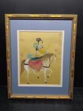 Framed Chinese Print on Silk-Lady on Horse