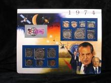 Uncirculated US Mint Set with Historical Info Coin & Stamp Sheet-1974