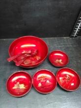 Vintage Red Lacquer(Wajima-nuri)  made in Japan Salad Bowl Set