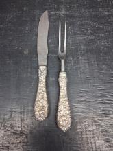 Sterling Silver Handle Kirk Stieff Repousse Fork and Knife Carving Set