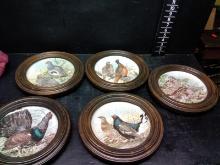 Collection 5 Franklin Porcelain Game Birds of the World Decorative Plates with Wooden Frames