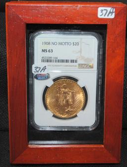 SCARCE 1908 $20 SAINT GAUDENS GOLD COIN - NGC MS63