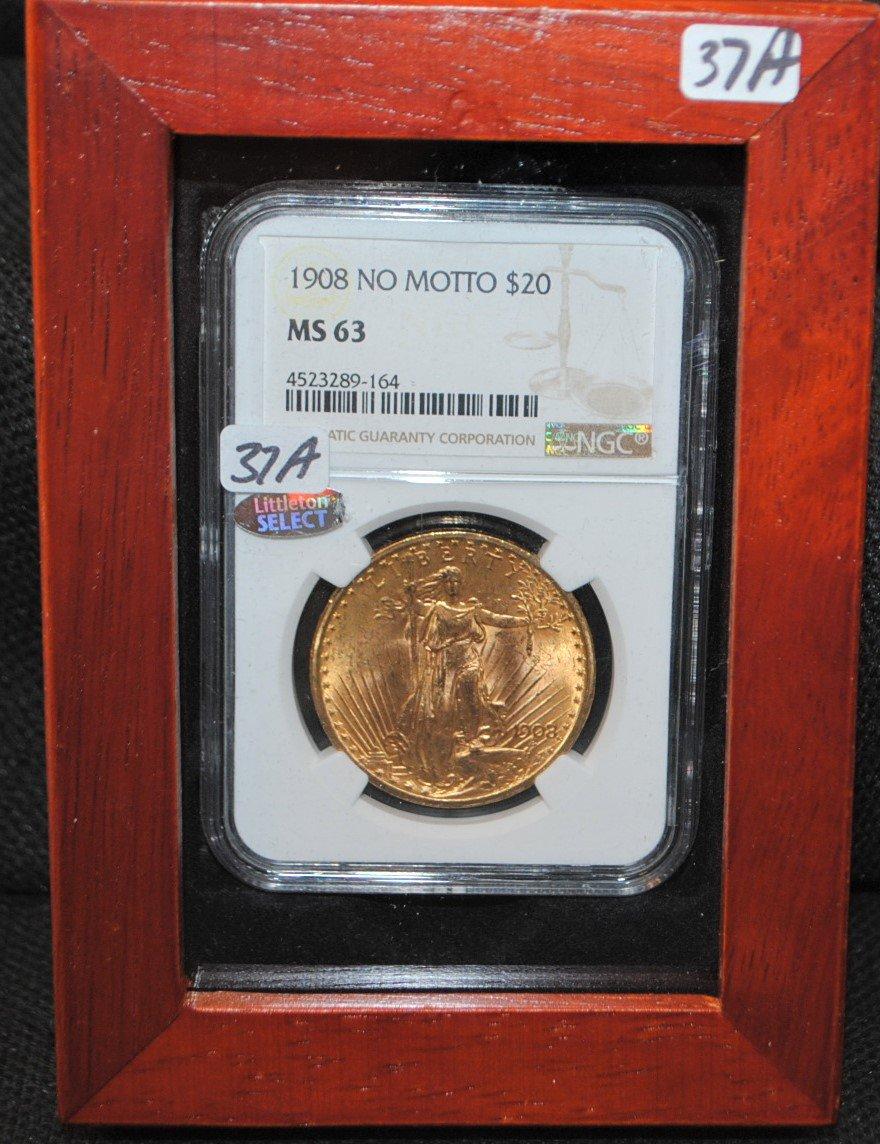 SCARCE 1908 $20 SAINT GAUDENS GOLD COIN - NGC MS63