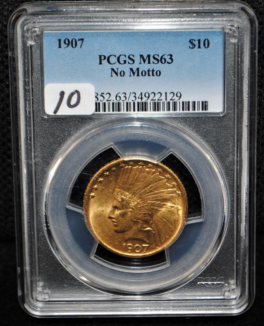 RARE 1907 $10 INDIAN GOLD COIN - PCGS MS63