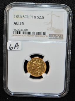 EARLY 1836 $2 1/2 CLASSIC SCRIPT 8 GOLD - NGC AU55