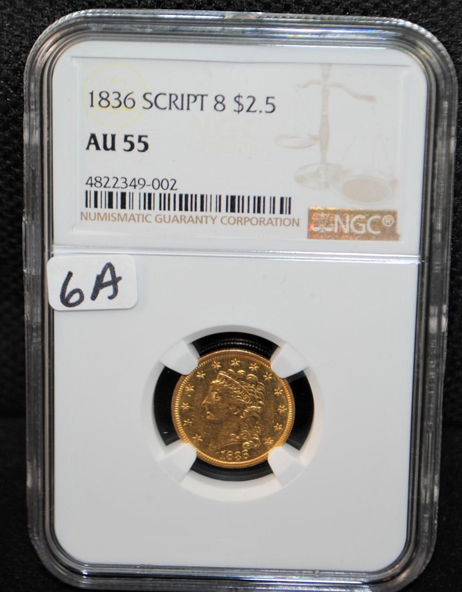 EARLY 1836 $2 1/2 CLASSIC SCRIPT 8 GOLD - NGC AU55