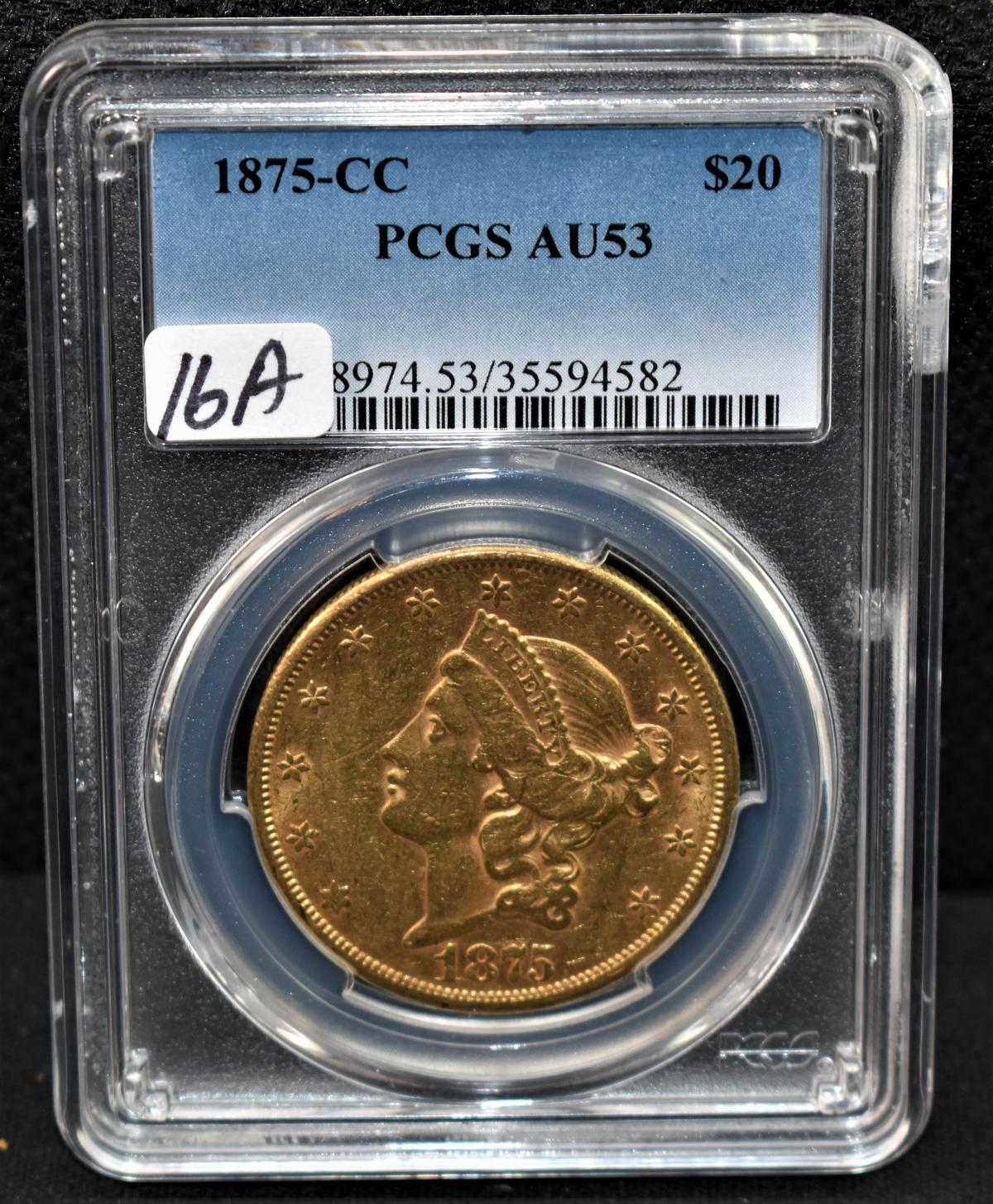 RARE 1875-CC $20 LIBERTY GOLD COIN PCGS AU53